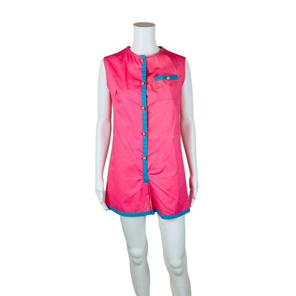 Vintage 1980s Hot Pink Romper Blue Trim Button Up Playsuit | W 34"